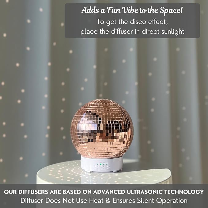 Disco Ball Diffuser Rotating - 300 ML Oil Diffuser Essential Oils, Quiet Oil Diffusers, Night Light and Timer, Disco Ball Table Decor, Plant Room Decor | Aromatherapy Diffuser for Large Room Rose Gold
