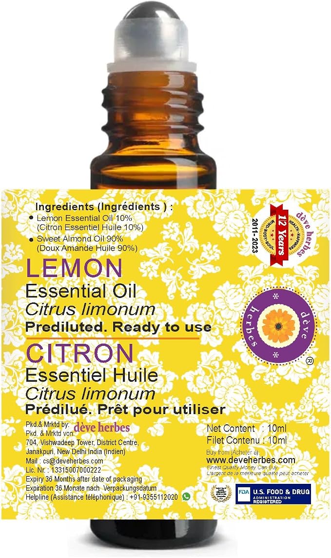 dève herbes Lemon Essential Oil (Citrus limonum) Pre Diluted Ready to Use Roll-on Blend for Aromatherapy and Topical Skin Application for Kids and Adults 10ml (0.33 oz)
