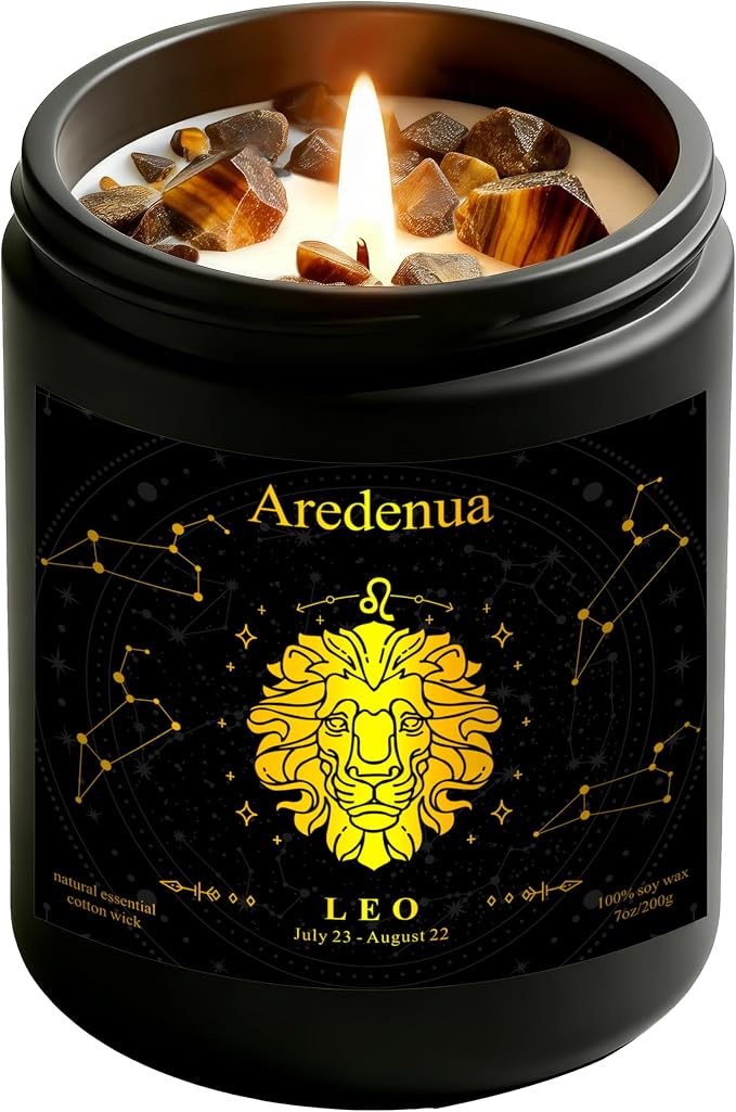 Leo Zodiac Candle | Astrology Birthday Gift for Women Healing Crystal Candles with Tiger Eye Crystals - Soy Candle, 7oz 50 Hour Burn, Spiritual Gift for Women, July August Birthday Candle