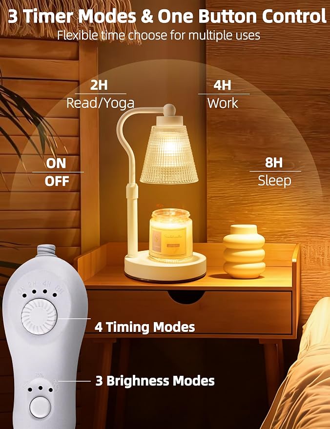 Candle Warmer Lamp for Jar Candles, Height Adjustable & Dimmable with 2/4/8H Timer, 2*50W Halogen Wax Melter Warmer for Home Office Décor, Flameless & Smokeless, Gift for Women Mom,White-Clear/1 Pack