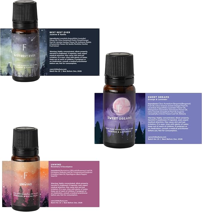 Folkulture Sleep Essential Oils Set for Diffuser | Set of 3 Aromatherapy Oils for Relaxation & Bedtime | Lavender, Eucalyptus & Rosemary | Calm Home Fragrance & Self-Care Gift