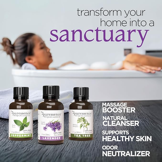 Puressence Oil Set, Blends for Diffusers, 100% Pure Essential Oils, Aromatherapy Oil Fragrances, Essential Oils for Skin, Lavender, Tea Tree and Peppermint, 3 Fl Oz, 3 Pack
