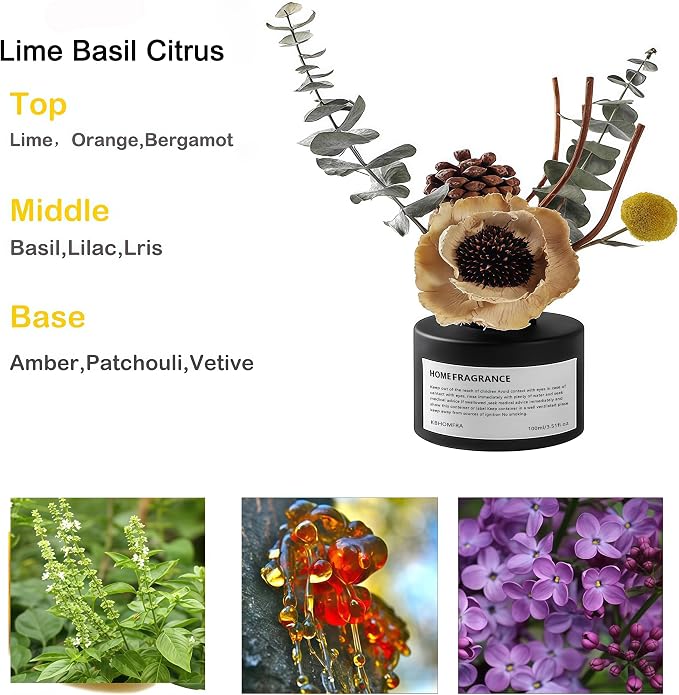 Reed Diffuser Set with Dried Flowers, 3.38fl.oz Fragrance Diffuser with Sticks, Scented Sticks Aroma Diffuser, Home & Office Décor for Air Fresheners, Bathroom (Lime Basil Citrus)