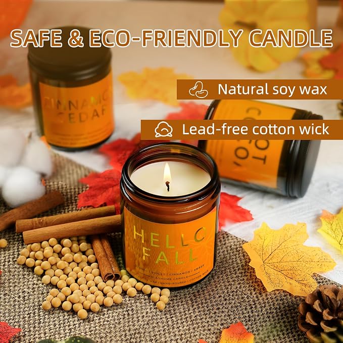 Fall Scented Candles Hello Fall 7oz – Warm Pumpkin Spice & Sweet Apple Soy Wax Candle for Cozy Autumn Home Décor, Perfect Fall Gift, 50 Hour Long Burn