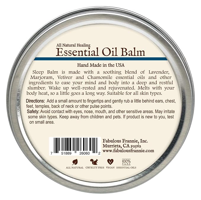 Fabulous Frannie Sleep All Natural Essential Oil Healing Balm made with Sunflower Oil, Coconut Oil, Shea Butter, Beeswax, Soy Wax, Aloe Vera and Pure Essential Oils 3.5oz Tin