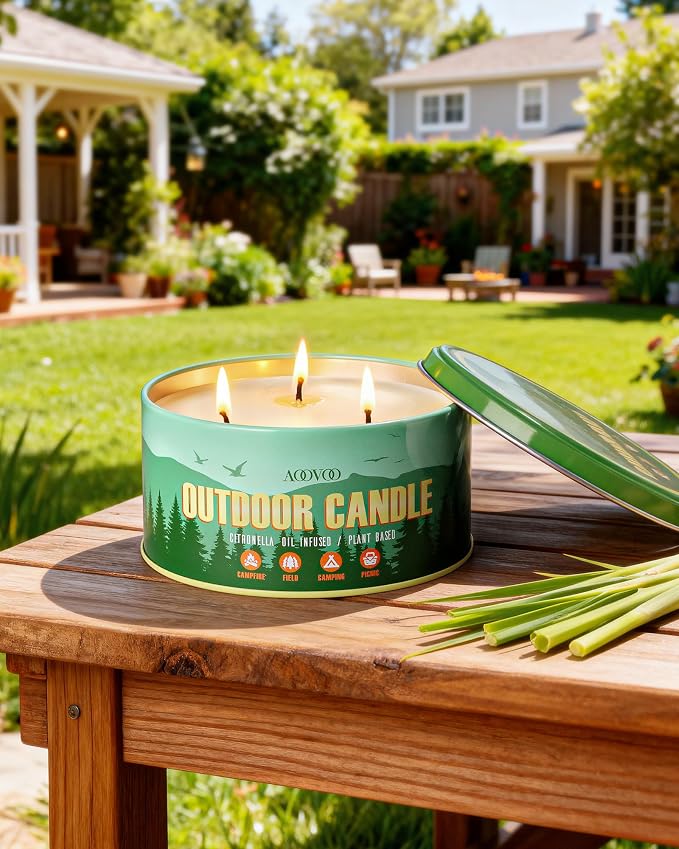 AOOVOO 2 Pack Citronella Candles Outdoor - 3 Wick 24oz Large Camping Candle, Natural Essential Oil Soy Wax Non Toxic, Strong Scented Candles for Outside Backyard Garden Picnic