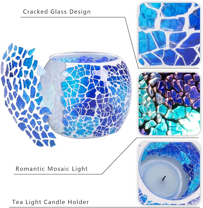 Scented Candle Holder Mosaic Glass Tea Light Holder,Handmade Romantic Glass Tealight Candle Holder for Aromatherapy,Party Décor(NO Candles),Also Used as Vase,Pen Holder,Potted Plants Bowl (Blue)
