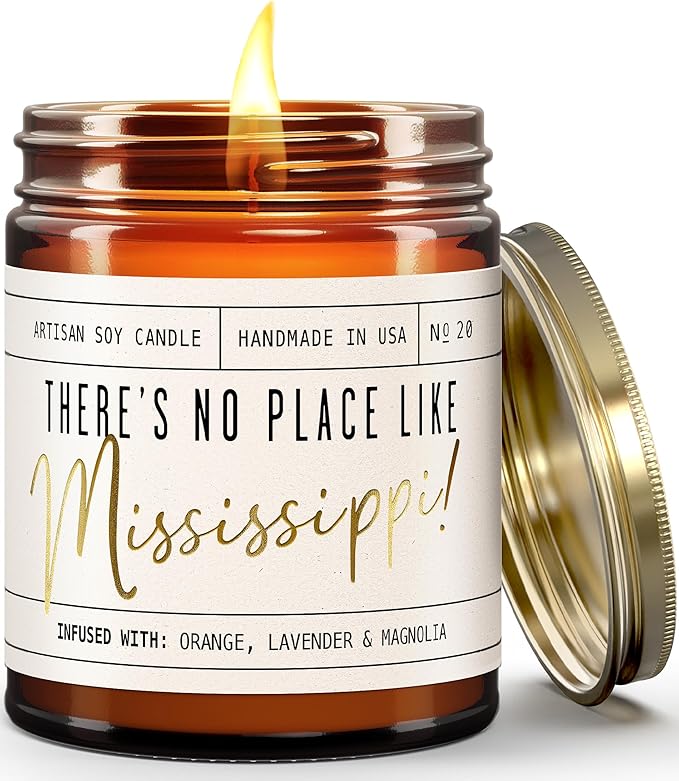 Mississippi Gifts, Mississippi Decor for Home - 'There's No Place Like Mississippi Candle, w/Citrus, Lavender & Magnolia I Mississippi Souvenirs I Mississippi State Gifts I 9oz Jar 50Hr Burn, USA Made