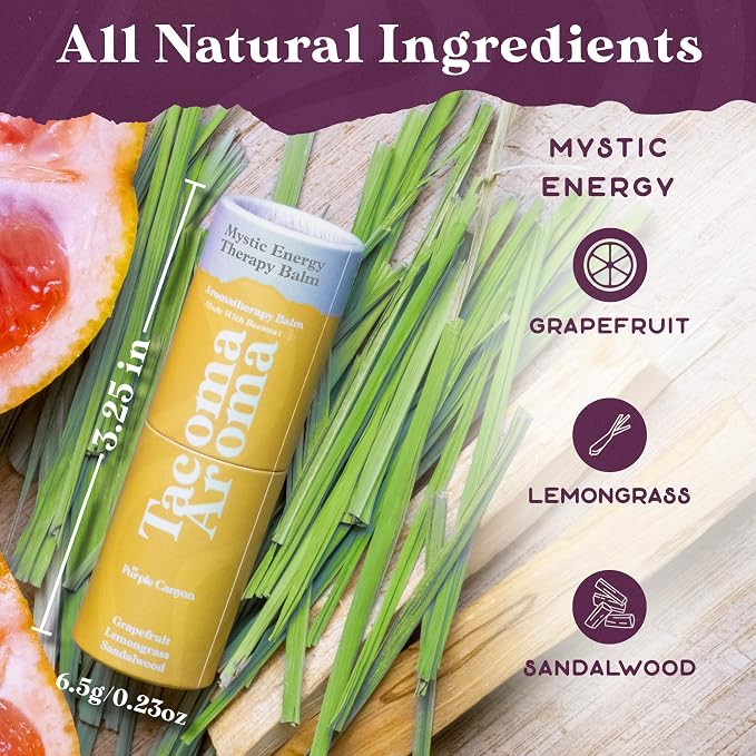 PURPLE CANYON Essential Oils Balm Stick | Mystic Energy Aromatherapy by Tacoma Aroma | Beeswax Body | Grapefruit, Lemongrass & Sandalwood Essential Blend For Mindfulness | 6.5 grams