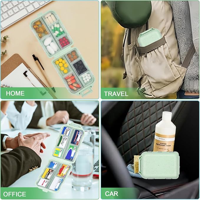 Travel Medicine Organizer with 189 Labels, 7 Day Daily Pill Organizer Travel Pill Container Medicine Organizer Pill Case Travel (Green, 1 Pack)