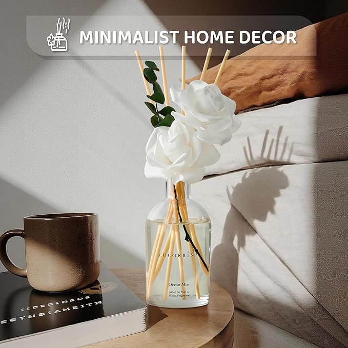 COCORRÍNA Reed Diffuser - Ocean Mist Scent, 6.76 fl oz Essential Oil with 8 Reed Sticks - Home Fragrance for Bedroom Bathroom Shelf Décor