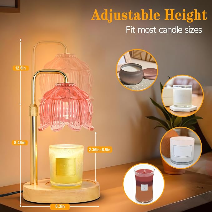 Candle Warmer Lamp with Timer Dimmer, Adjustable Height Candle Wax Warmer, Christmas Birthday Gift for Mom Women,House Warming Gifts for New Home Bedroom Decor,(Lotus Flower-Pink)