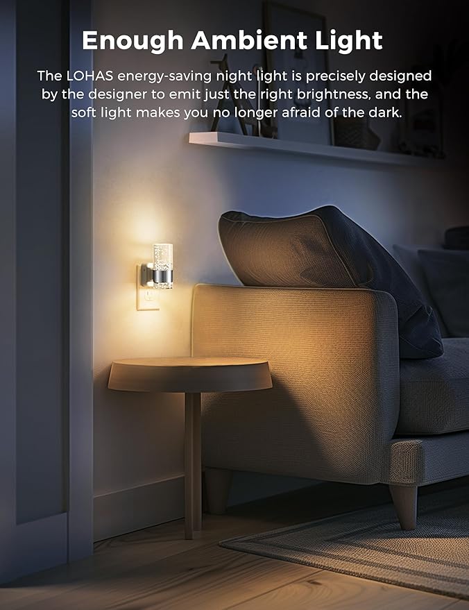 L LOHAS LED Night Light,Dimmable Night Lights Plug into Wall, Acrylic Nightlights with 0-100 LM Adjustable Brightness, 3000K Plug in Night Light with Dusk to Dawn Sensor, for Bathroom Hallway