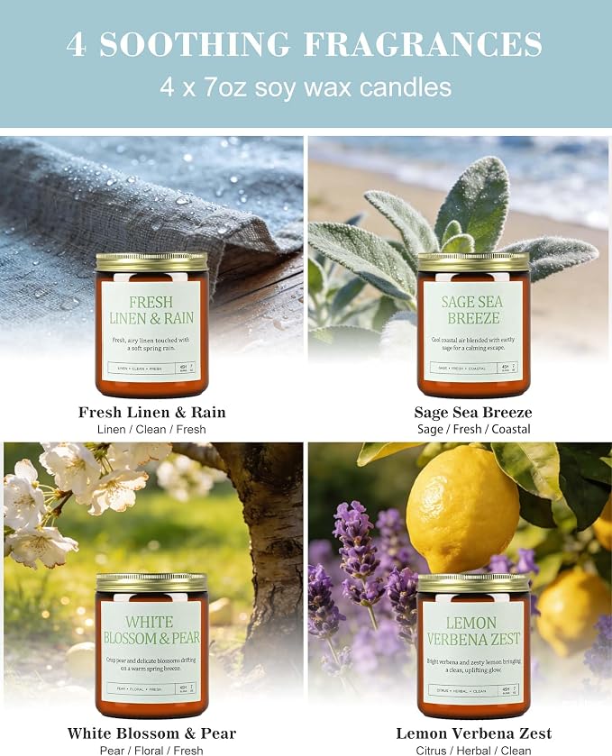 4 Pack Scented Candles Gifts for Women: 28oz Natural Soy Candles for Home Scented, Up to 200H Burning, Aromatherapy Candle Set, Jar Candle Gift Set for Spa Bath Meditation Birthday Valentine's Gifts