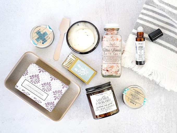 The Little Flower Soap Co - Spa Day gift Box Relaxation Kit - Handmade Candle Soap Salt Scrub and Lotion