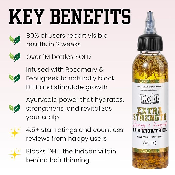 The Mane Attraction Extra-Strength Herbal Hair Growth Oil, Rosemary & Fenugreek Blend, Castor & Vitamin E Infusion, Scalp-Nourishing for All Hair Types, 4 Fl Oz