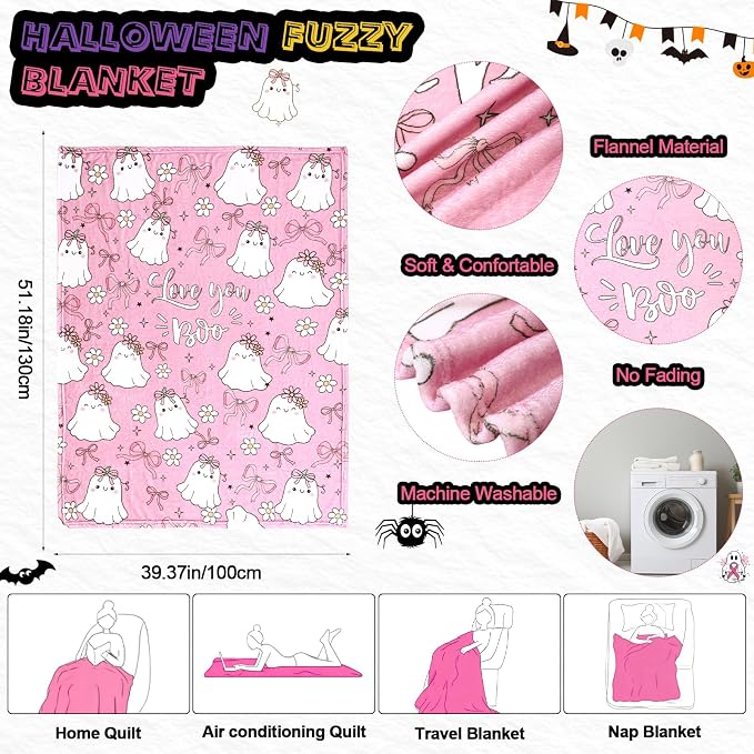 Roshtia 7 Pcs You're My Boo Jelly Basket Stuffers for Women Ghost Boo Throw Blanket Glass Mug Candle Jar Makeup Bag Plastic Handbag with Pen Card Girlfriend Gift