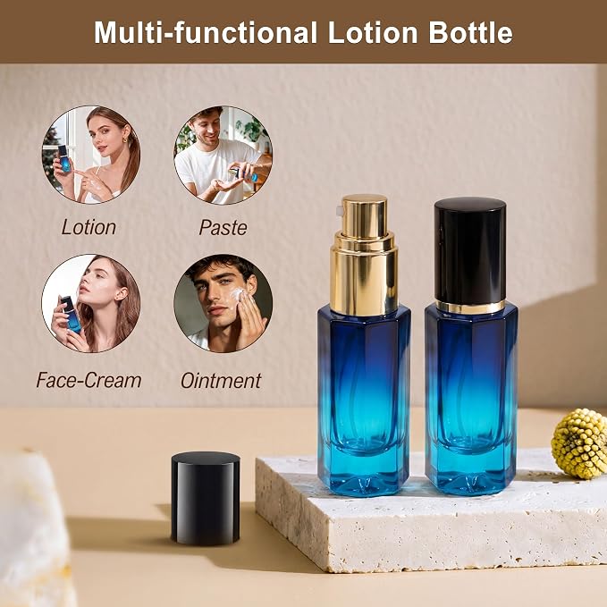 1oz Travel Pump Bottle, 30ml Gradient Glass Liquid Dispensing Bottle with 3 Transfer Tools, Leak-Proof Small Refillable Makeup Containers for Toiletries, Lotion, Essential Oils (Black-Blue Gradient)