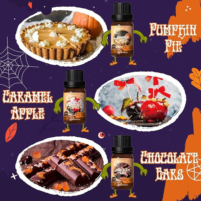 WUSEONY Halloween Fragrance Oils Set, Essential Oils for Diffusers Home, Scented Oils for Candle Soap Making - Pumpkin Pie, Caramel Apple, Chocolate Bars, Snickerdoodle, Caramel Corn, Witch's Brew
