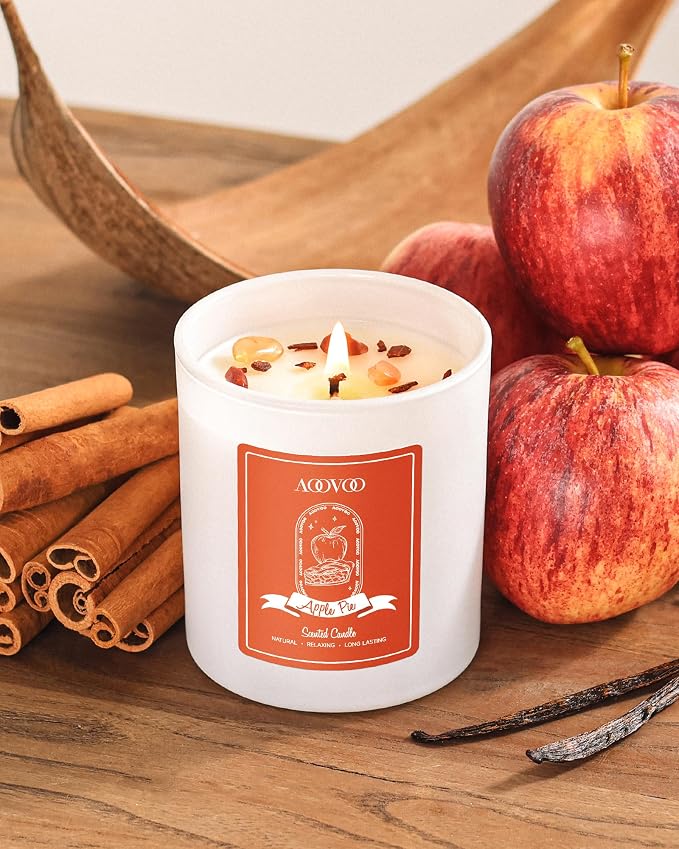 AOOVOO Apple Pie Scented Candles for Women - Aromatherapy Candle with Crystals Inside, 10oz Soy Candles for Home Scented, Birthday Gifts Valentines Day Candle for Women Mom