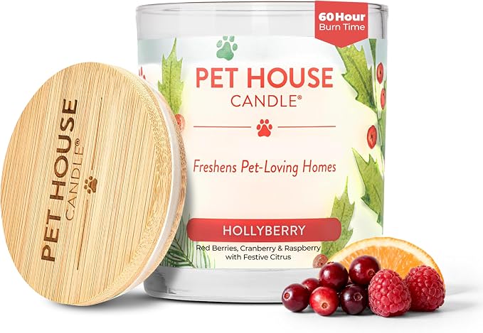 One Fur All Pet House Candle Plant-Based/Soy - Clean Burning Scented, Long Lasting Pet Odor Candle for Home - Hollyberry