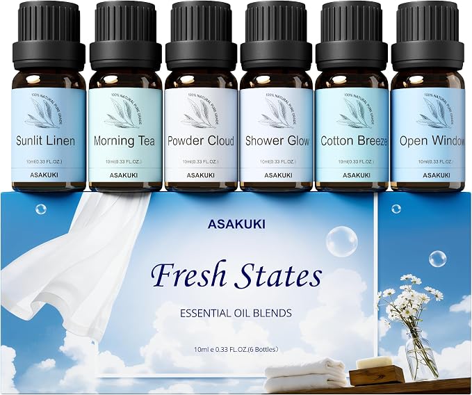 ASAKUKI Fresh States Essential Oil Set, Clean Home Scents for Diffusers | Clean-Inspired Home Scents, Fresh Laundry Aroma, Designed for Diffusers&Waterless Diffusers, Gift-Ready Collection