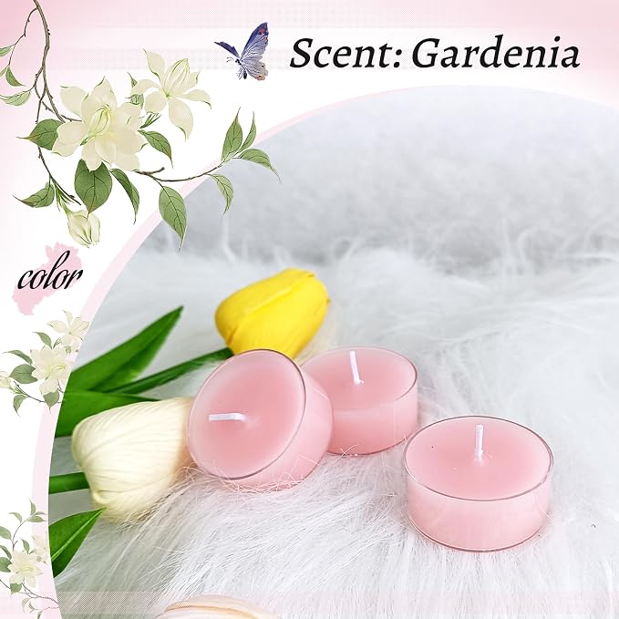 Gardenia Scented Tealight Candles, White Scent Tea Lights Candles Clear Cup, 24 Pack Colored Tealights Candle, 6 Hour Burn Time Tea Candles for Party, Decor, Spa, Shabbat