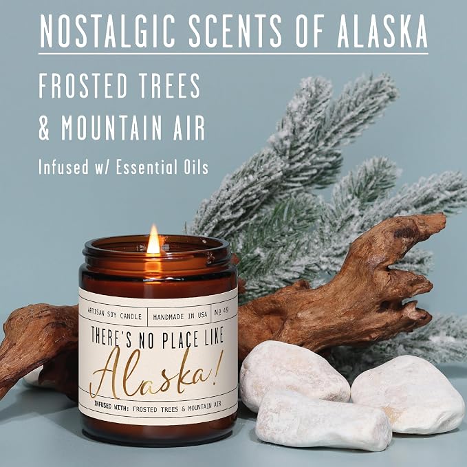 Alaska Gifts, Alaska Decor for Home - 'There's No Place Like Alaska Candle, w/Frosted Trees & Mountain Air I Alaska Souvenirs I Alaska State Gifts I 9oz Jar, 50Hr Burn, USA Made
