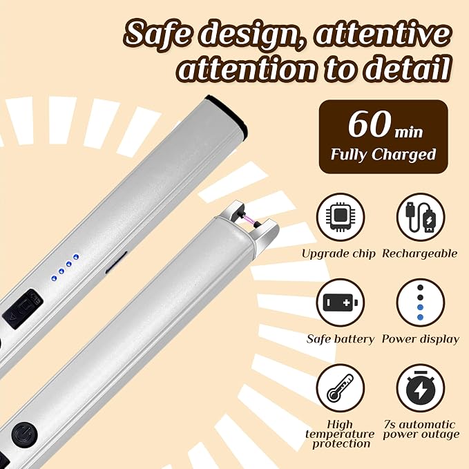 2 PCS Candle Lighter,Windproof Flameless Electric Lighter with LED Power Display ＆ Safety Switch, Upgraded Plasma USB Rechargeable Lighters for Birthday Camping BBQ (Silvery)