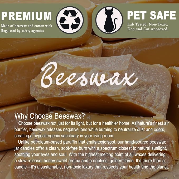 Organic Beeswax Candles in Glass Jar, 100% Pure Beeswax Jar Candles, 2-Wick Unscented Bees Wax Candle for Home, Gifts for Women & Men, Non Toxic, Natural, 40 Hour