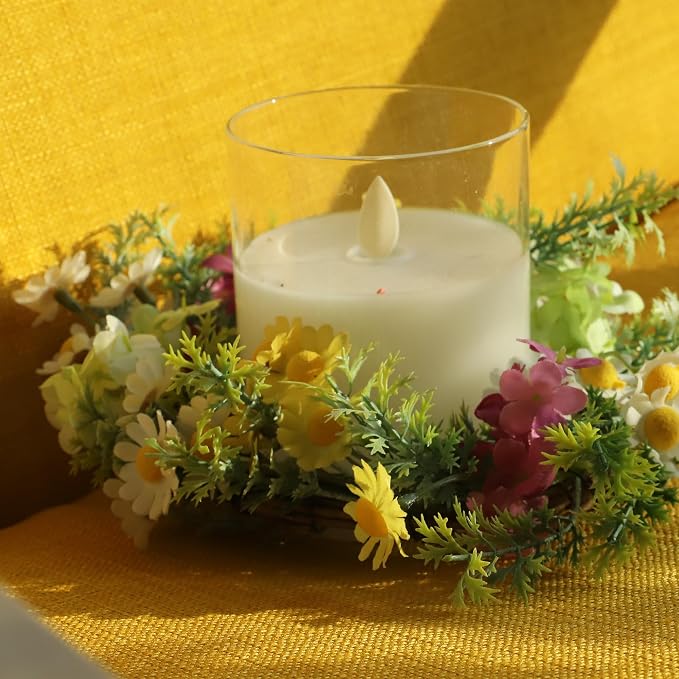 Daisy Candle Ring 2 Pcs 3'' (Inner) 6'' (Outer) Diameter Floral Spring Wreath with Artificial Daisy - Ideal Easter Candle Holders Easter Centerpieces for Tables