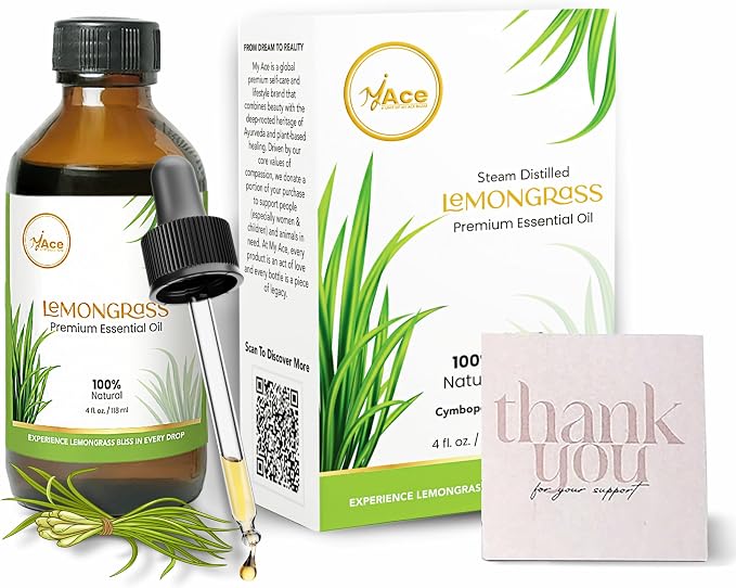 My ACE Lemongrass Essential Oil 4 Fl Oz - Pure & Natural - Premium Grade for Aromatherapy, Diffuser, Skin, Hair, Massage, Candle & Soap Making, Home - Glass Bottle with Dropper - Long Lasting Scent