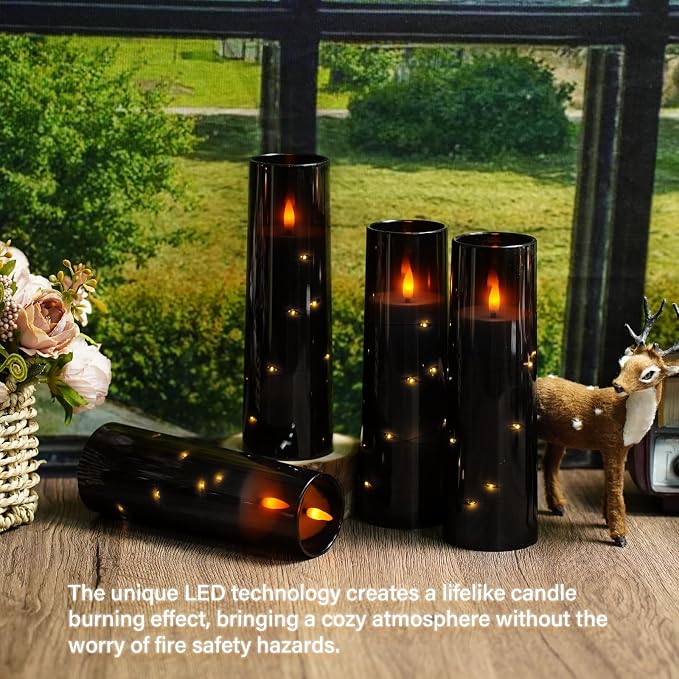 Eebuss Flameless Candles with Embedded Star String, Battery Operated LED Pillar Candles with Timer and Remote Control,Home Decorating for Ambiance， Set of 7(Black)