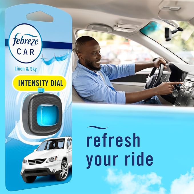 Febreze Car Air Freshener, Odor-Fighting Automotive Vent Clip, Scented Car Accessories, Long Lasting for Strong Odors, Linen & Sky Scent, 4 Count