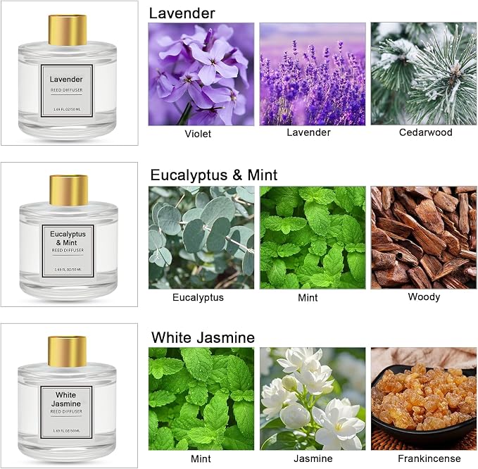 Reed Diffuser Set of 3 Pack,Eucalyptus & Mint,Lavender,White Jasmine Scented Oil Diffuser with 4 Sticks,Reed Diffusers for Home,Living Room,Bathroom Air Freshener Diffuser,50ml x 3