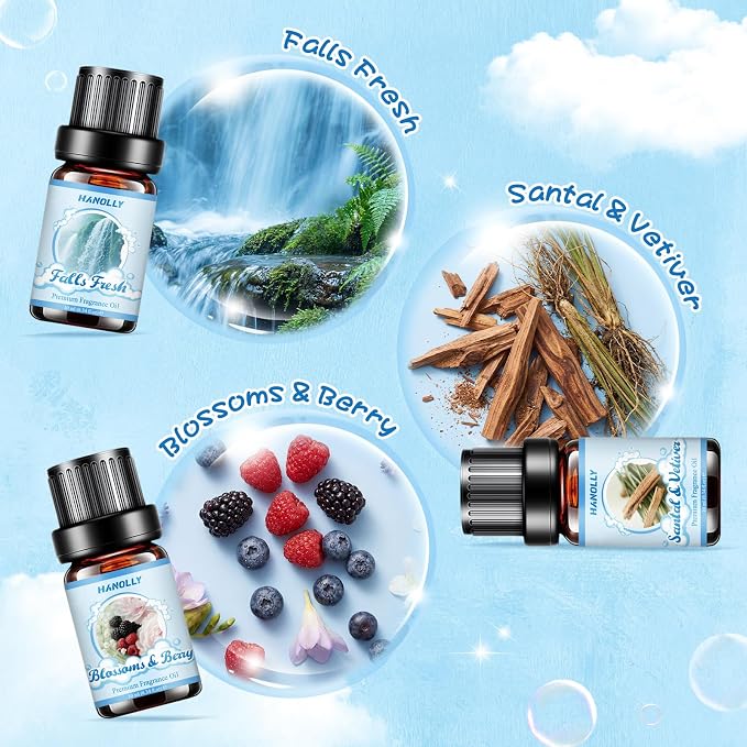 Essentials Oils for Laundry, Clean Fragrance Oils for Diffuser, Candle & Soap Making, Use with Wool Dryer Balls,Fresh Uplift,Citrus Summer, Ocean Fog, Falls Fresh, Santal & Vetiver, Blossoms & Berry
