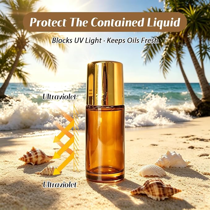 Cocurb 1oz Rose Quartz Roller Bottle for Castor Oil,Essential Oils and Skincare DIY,Refillable Leak-Proof Amber Glass Roll on Bottle Empty Deodorant Container with Gold Cap&Storage Bag