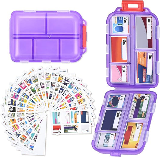 Large Medicine Pill Organizer with 189 Labels, 10 Compartments Purse Pill Case Travel Medicine Organizer Essentials Travel Daily Pill Container (Purple, 1 Pack)