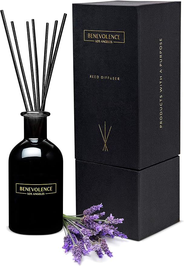 Benevolence LA Premium Lavender & Eucalyptus Reed Diffuser Set – Essential Oil Diffuser for Home & Bathroom – Up to 120-Day Fragrance with Rattan Sticks & Gift Box – Charcoal Glass Room Décor