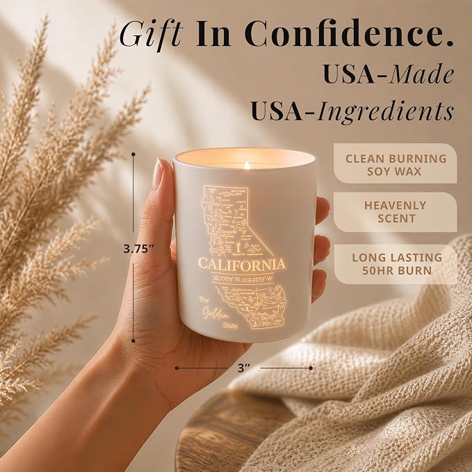 California Gifts - Glow-Through Engraved Candle -w/Sea Salt, Eucalyptus & Sage I California Decor for Home I California Souvenirs I California State Gifts I 9oz Jar, 50Hr Burn, USA Made