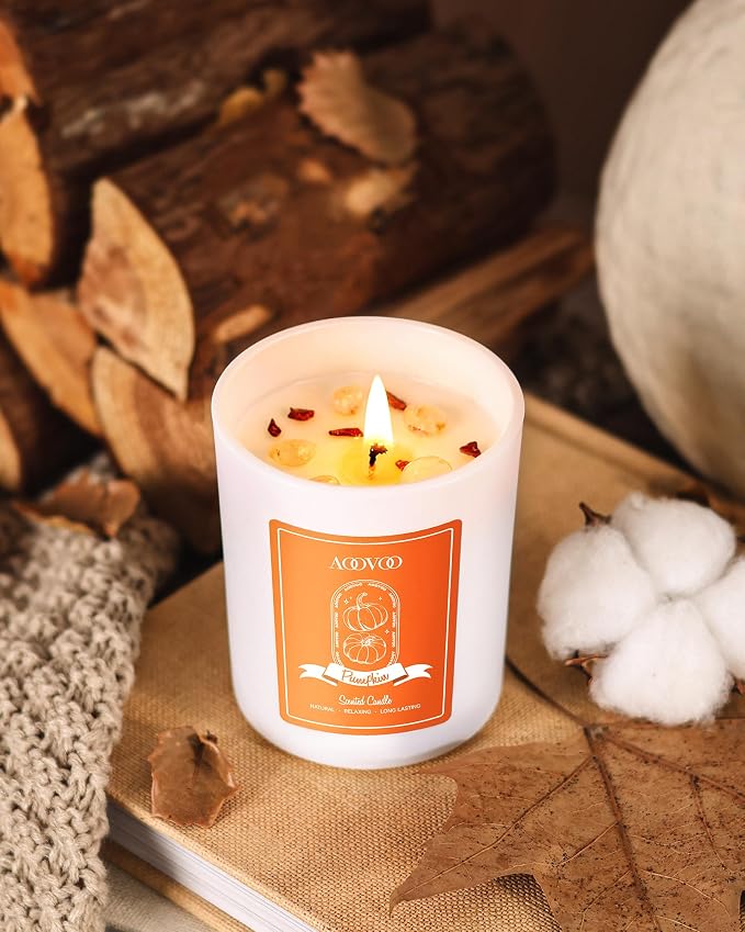 AOOVOO Pumpkin Scented Candles for Women - Aromatherapy Candle with Crystals Inside, 7oz Soy Candles for Home Scented, Christmas Birthday Gifts Candle for Women Mom