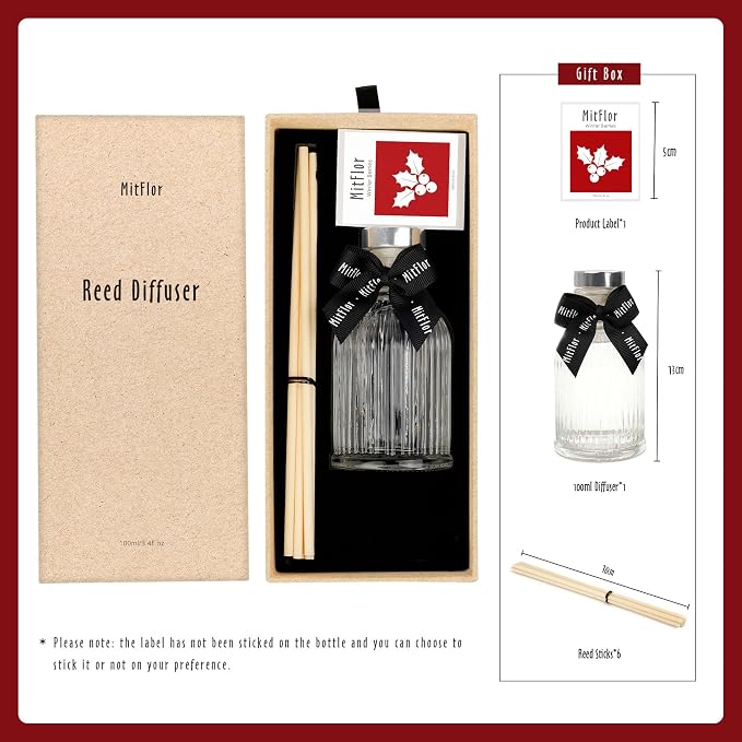 Reed Diffuser, MitFlor Winter Berries Fragrance Diffuser Set with Natural Rattan Sticks, Holiday Scent Oil Diffuser for Bedroom, Bathroom and Home Décor, 3.4 fl oz