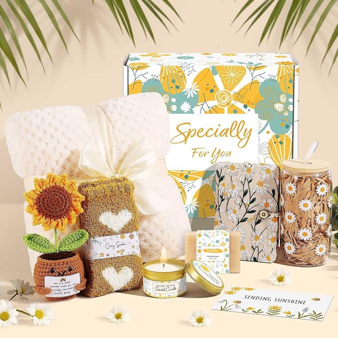 Self Care Gifts for Women Gift Baskets，Sending Sunshine Thinking of You Care Package Spa Gift Sets, Mothers Day Birthday Gifts for Women Mom Sister Wife Grandma Best Friends Her - Ivory