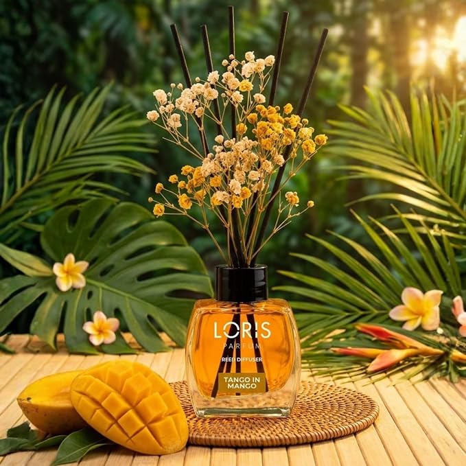 Loris Mango Reed Diffuser Set with Dried Flowers | Reed Diffusers for Home with Sticks | Bathroom Diffuser & Room Scent | Long-Lasting Home Fragrance | 120 mL / 4.06 fl oz