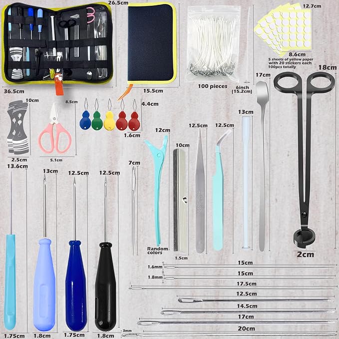 133PCS Candle Making Kits with Candle Wick Trimmer(7IN),Mold Hook Punch Needle Wick for Inserting Wick,Big Hole Long Needle,Cotton Wick with Metal Sustainer Tabs,Wick Stickers with The Little ‘‘Tail’’