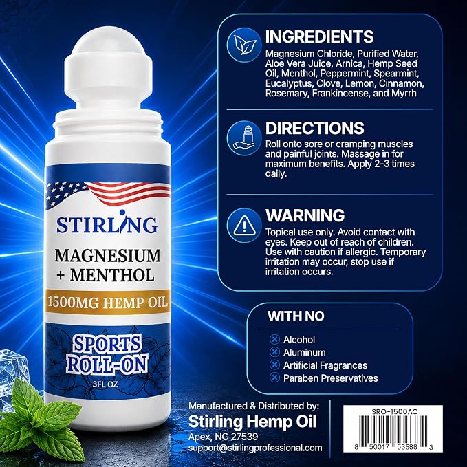 Stirling Menthol Roll On Lotion with Magnesium and 1500mg Pure Hemp - Non-GMO, THC-Free - Fast-Acting Relief for Sore Muscles and Joints, Reduces Swelling and Redness, Promotes Post-Workout Recovery