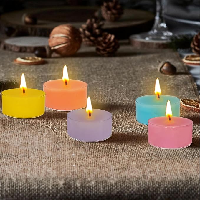 Scented Tea Light Candles 12 Pack Pastel Color Hand Poured Smokeless 4 Hours Clean Burning Small Round Clear Cups Tealight Candles for Romantic Dinners Wedding Centerpieces Cozy Evenings