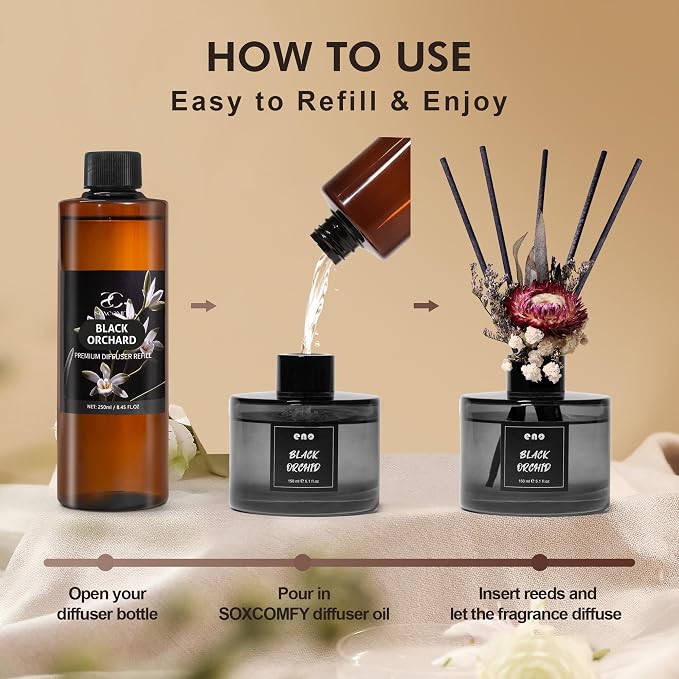Diffuser Oil Refill, 250ml / 8.45 fl oz, Black Orchard - Reed Diffuser Oil Refill for Home Fragrance, Scented Oil for Reed Diffuser Bottles, Jasmine, Sandalwood & Musk Notes