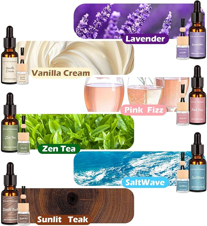 12 Pack Car Air Freshener Refills, 6-Scent Hanging Air Freshener Diffuser Set - Each(8ml +20ml Refill), Essential Oil Diffuser with Refill Bottles, Reusable Car Fragrance Decor Accessories