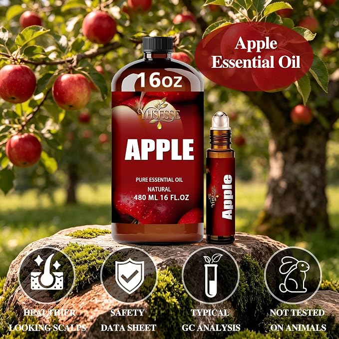 Apple Essential Oil, Apple Oil 16 Fl Oz 480ml for Diffuser Yoga Soap & Candle Making – with 0.33 Oz Roller Ball & Funnel YHSESSE Essential Oils